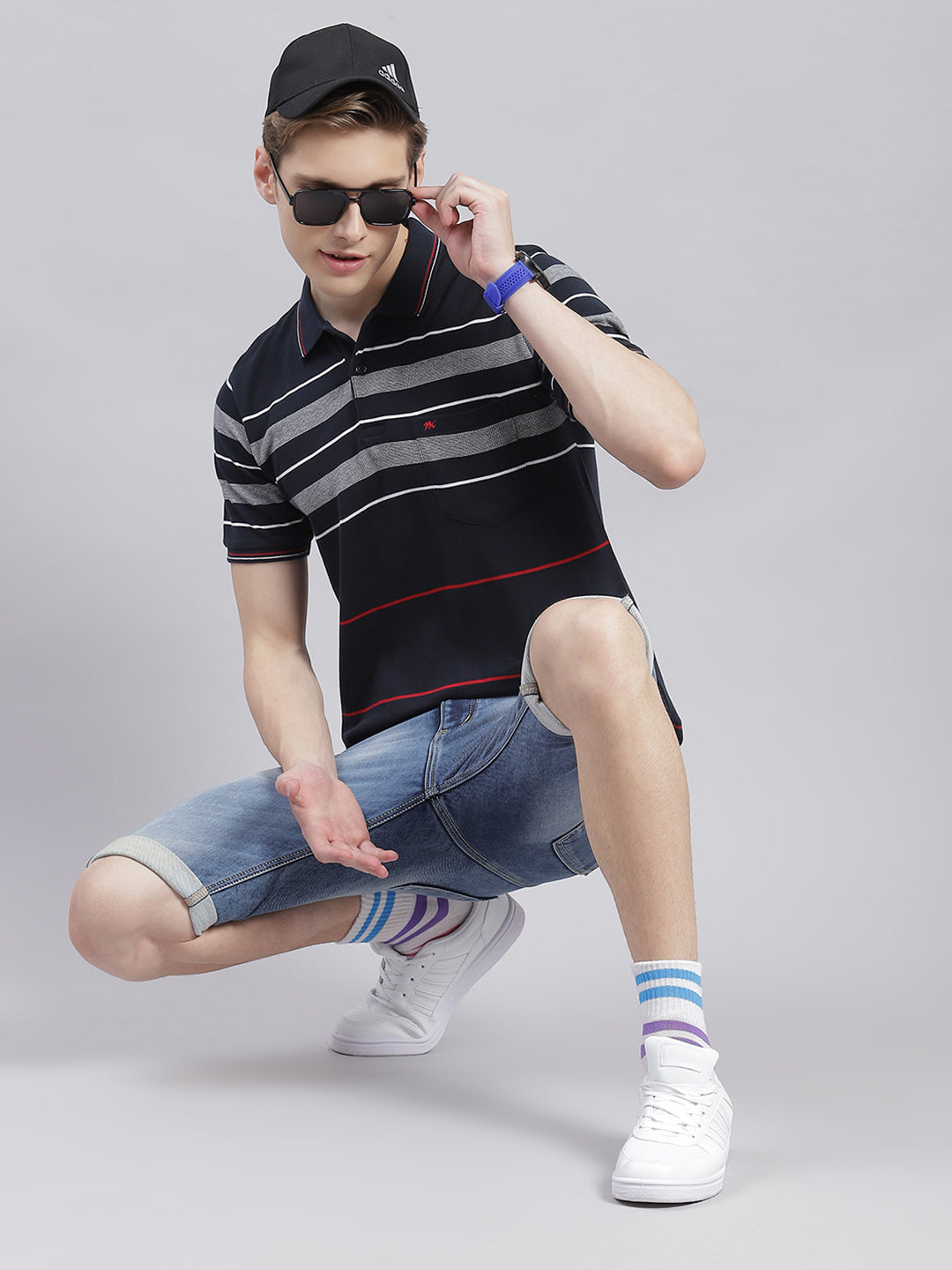 Men Navy Blue Stripe Collar Half Sleeve T-Shirts