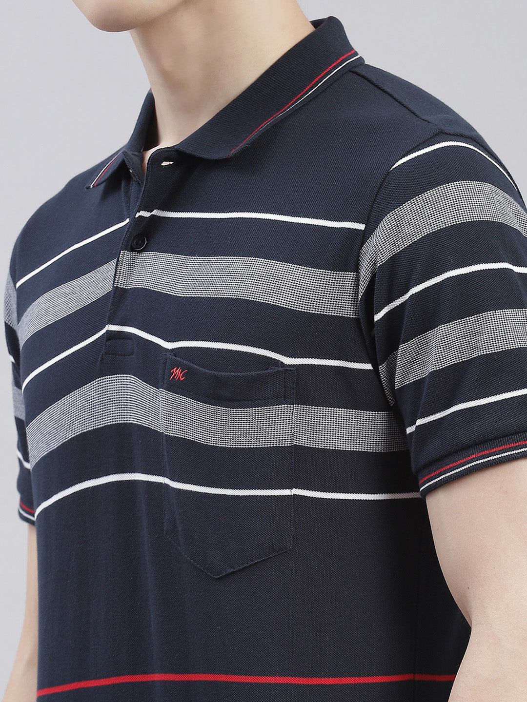 Men Navy Blue Stripe Collar Half Sleeve T-Shirts