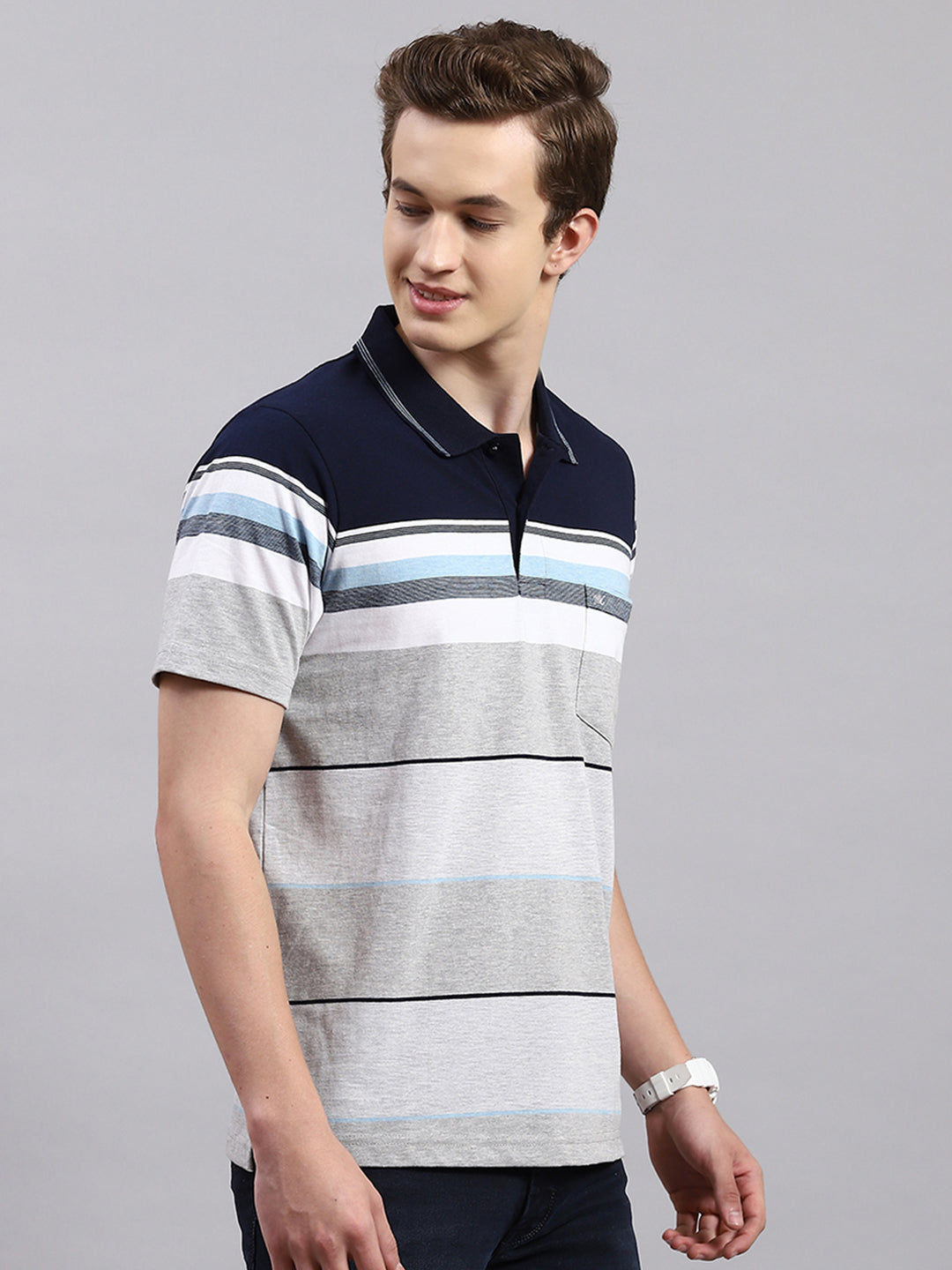 Men Navy Blue Stripe Collar Half Sleeve T-Shirts