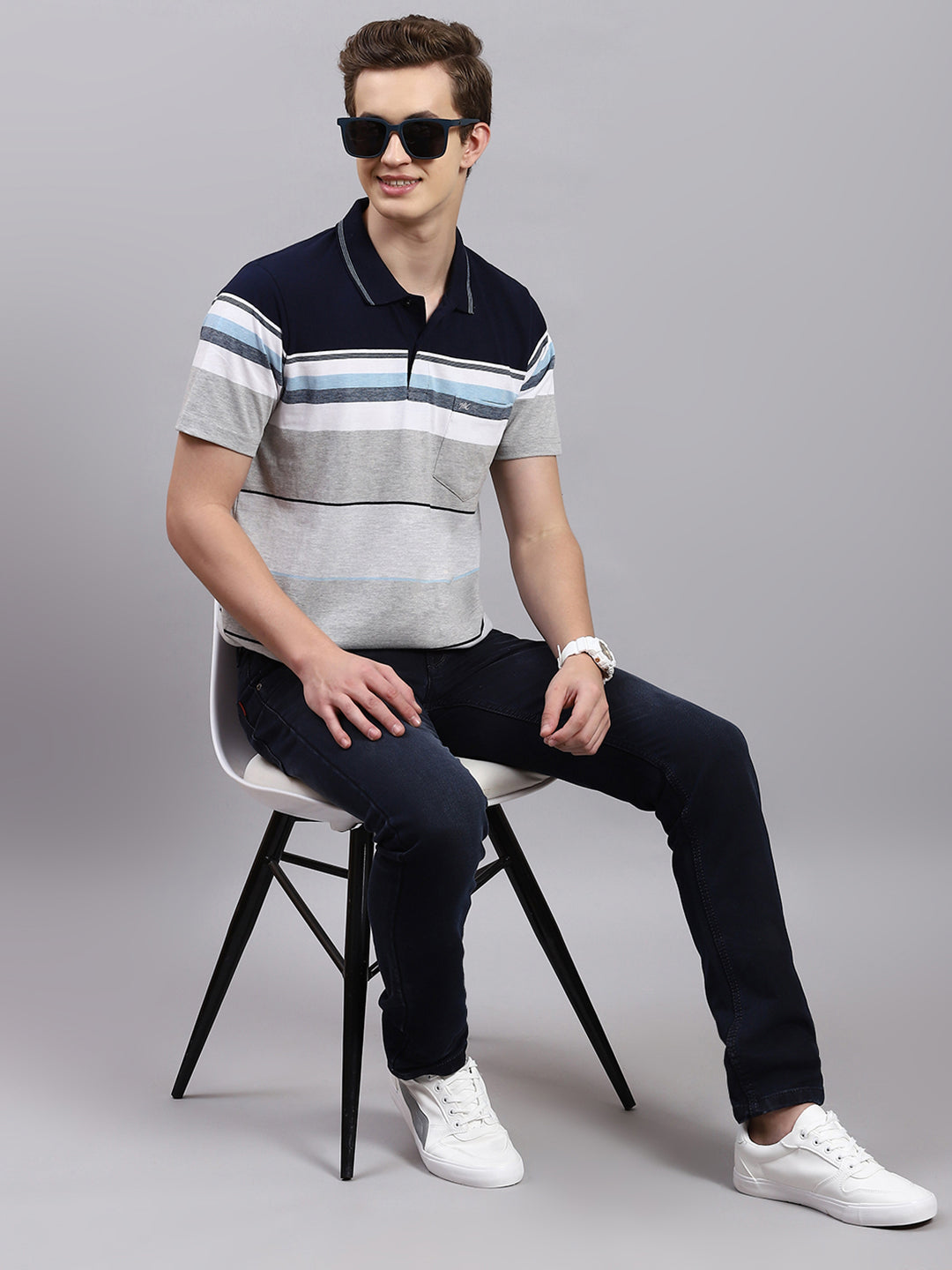 Men Navy Blue Stripe Collar Half Sleeve T-Shirts