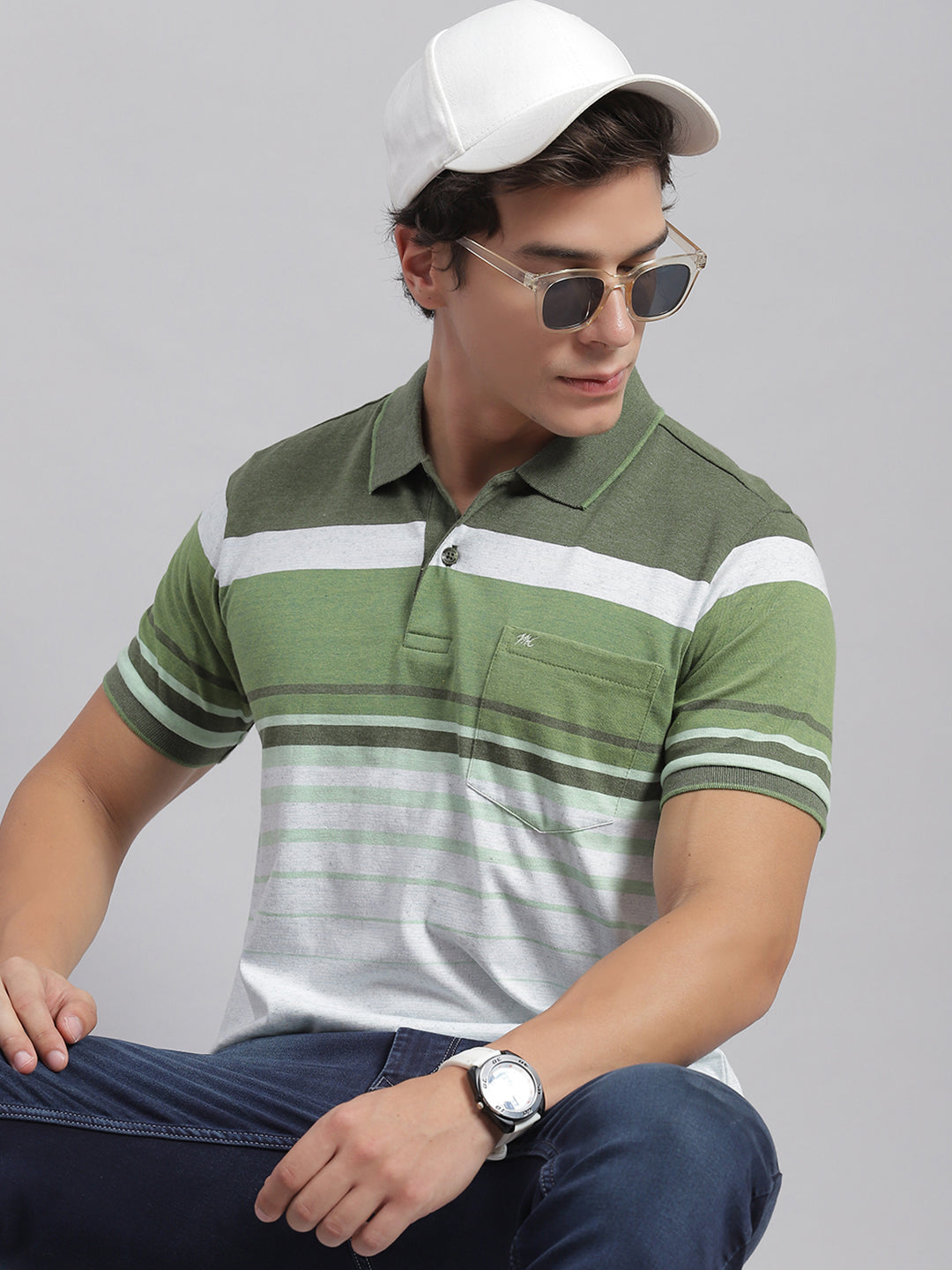 Men Green Stripe Collar Half Sleeve T-Shirts