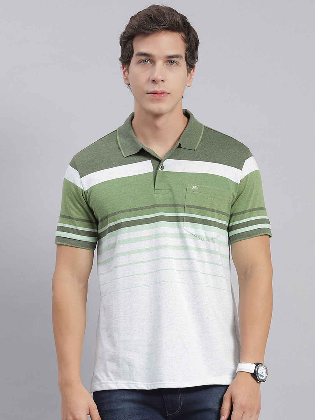 Men Green Stripe Collar Half Sleeve T-Shirts