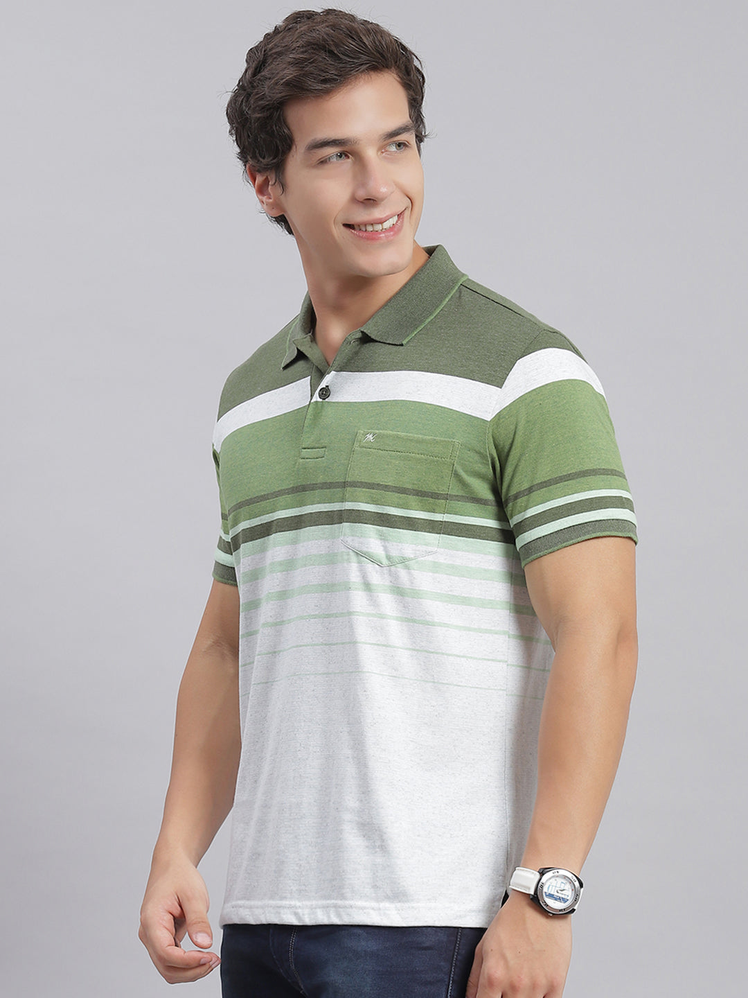 Men Green Stripe Collar Half Sleeve T-Shirts