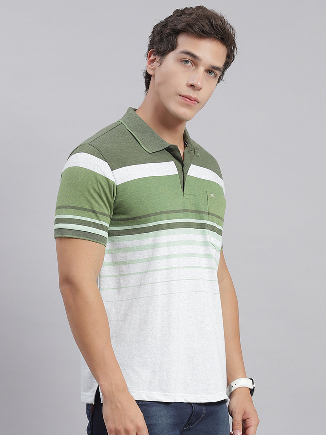 Men Green Stripe Collar Half Sleeve T-Shirts