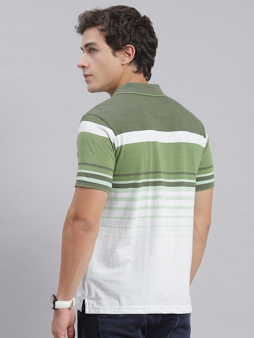 Men Green Stripe Collar Half Sleeve T-Shirts