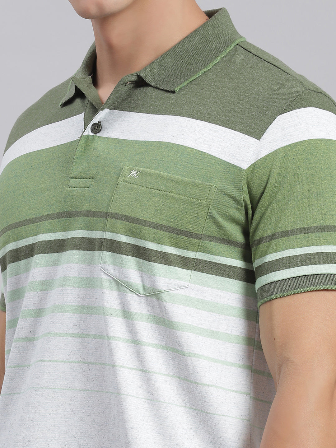 Men Green Stripe Collar Half Sleeve T-Shirts