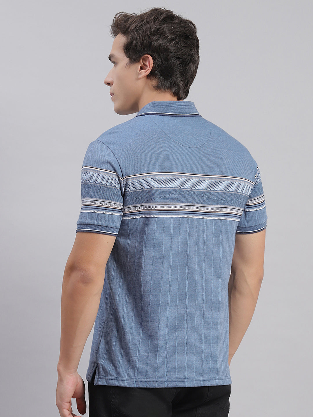 Men Blue Stripe Collar Half Sleeve T-Shirts