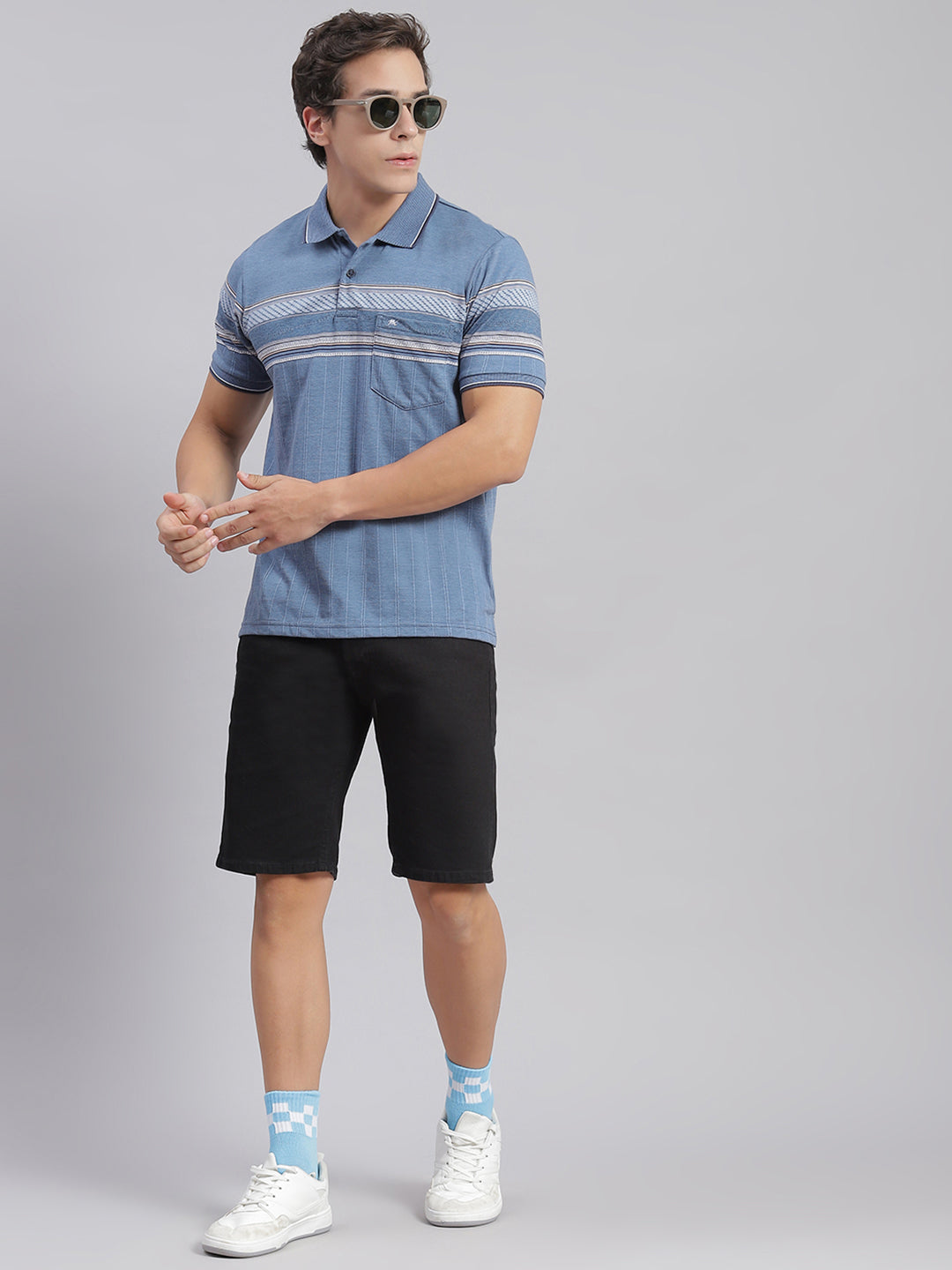 Men Blue Stripe Collar Half Sleeve T-Shirts