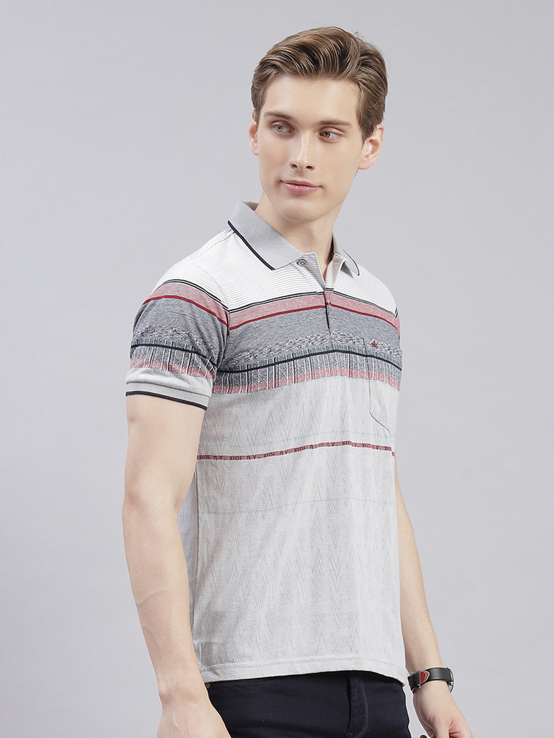 Men Grey Stripe Collar Half Sleeve T-Shirts