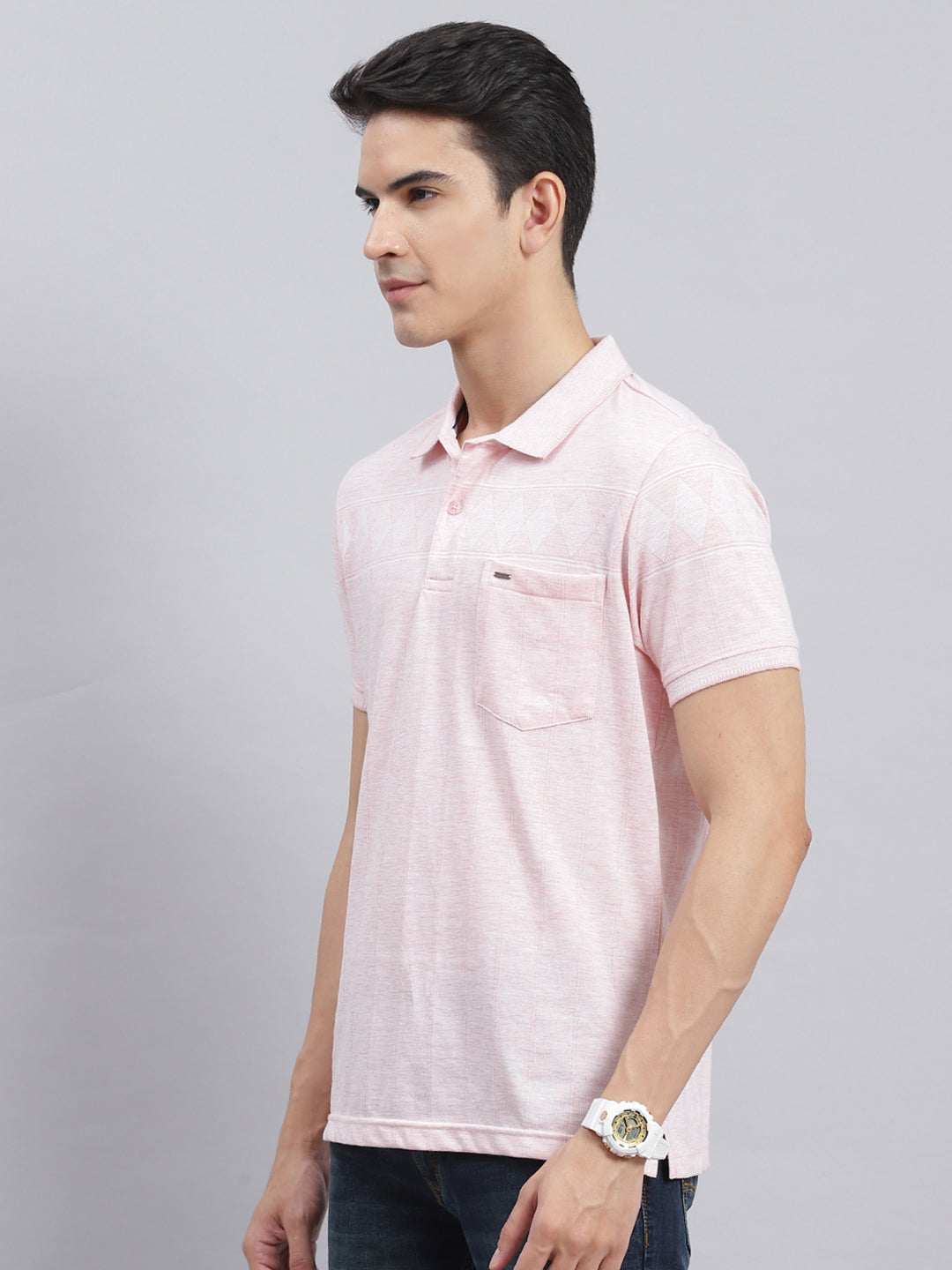 Men Peach Jaquard Cotton Blend T-Shirt