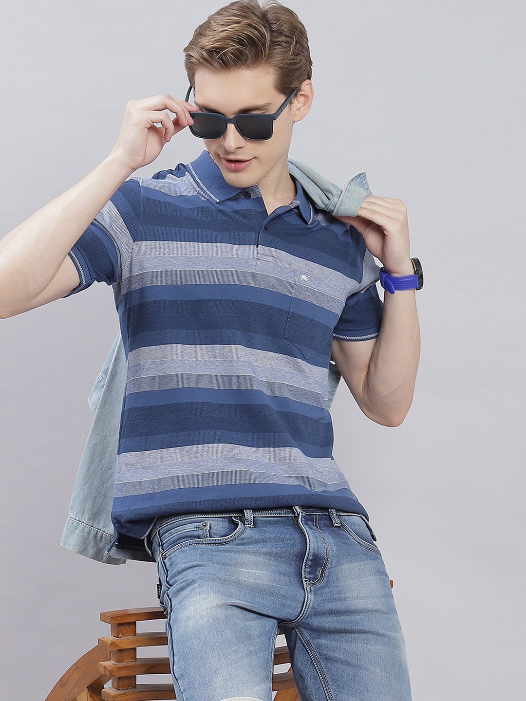 Men Blue Stripe Collar Half Sleeve T-Shirts