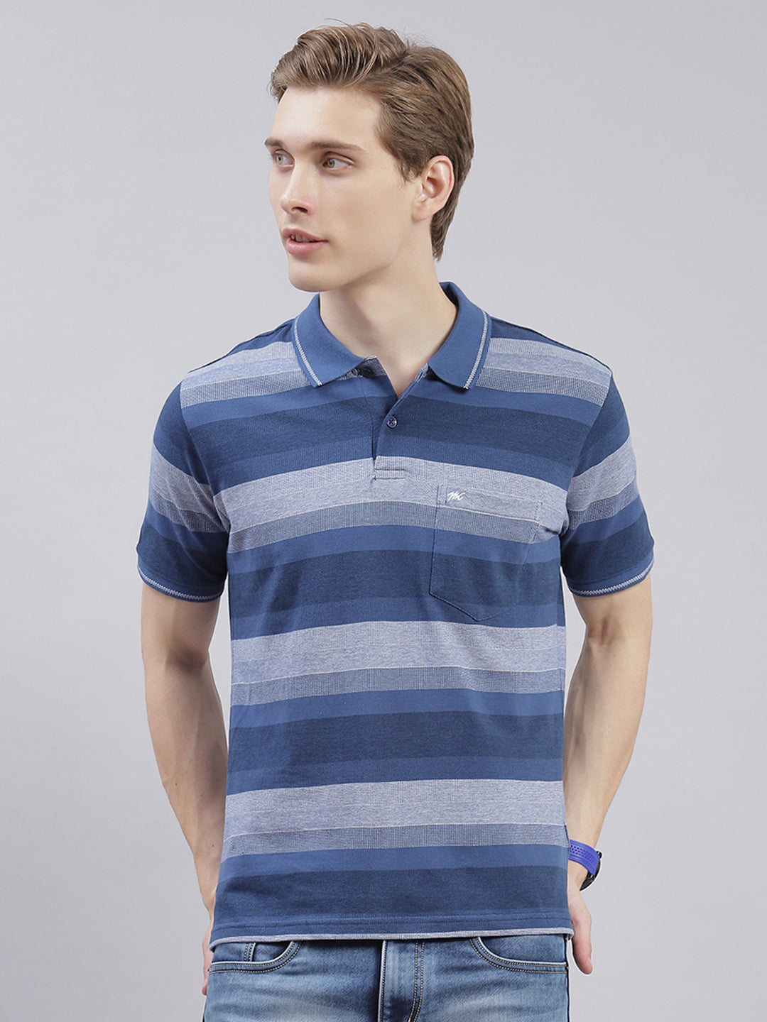 Men Blue Stripe Collar Half Sleeve T-Shirts