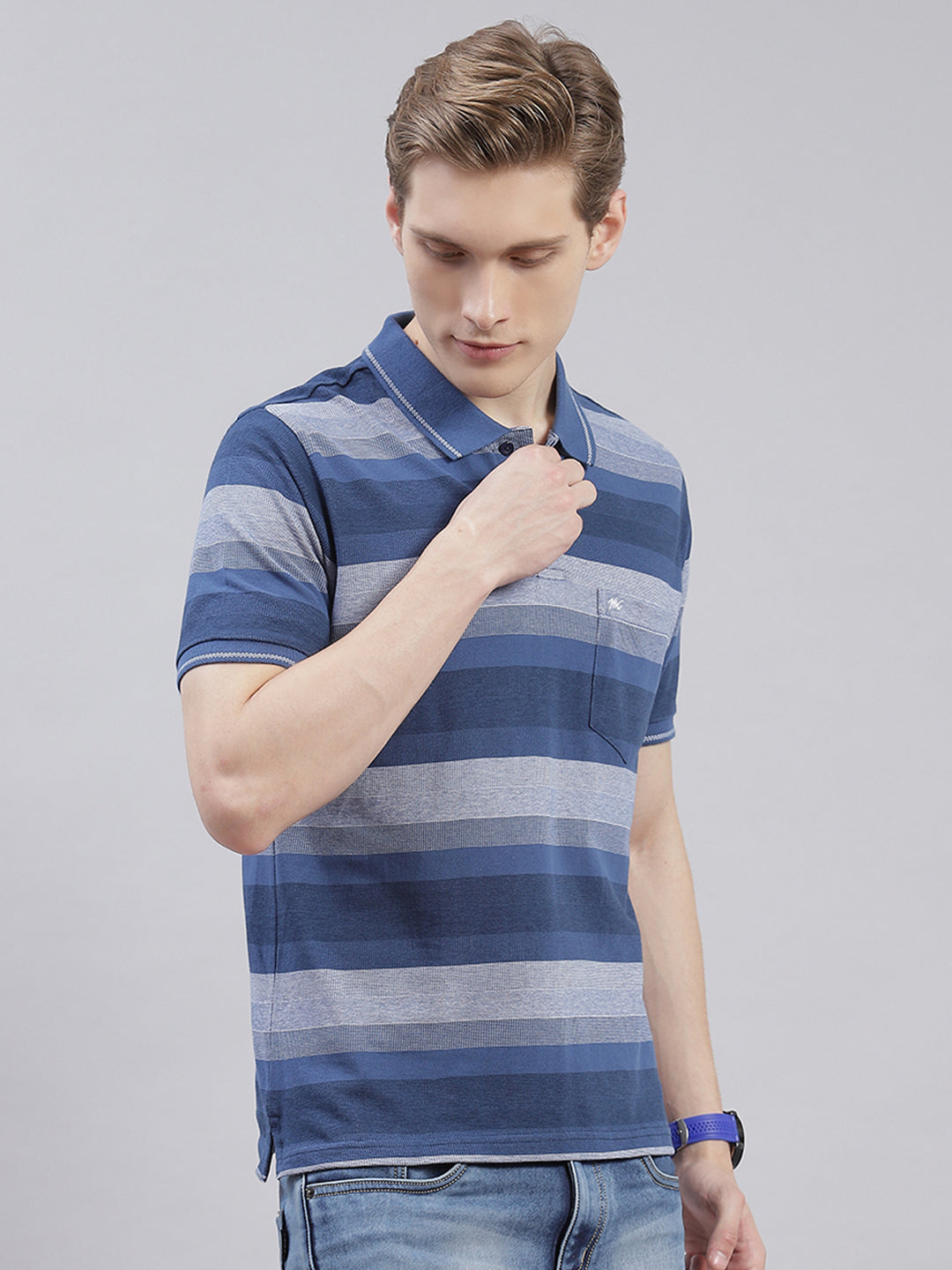 Men Blue Stripe Collar Half Sleeve T-Shirts