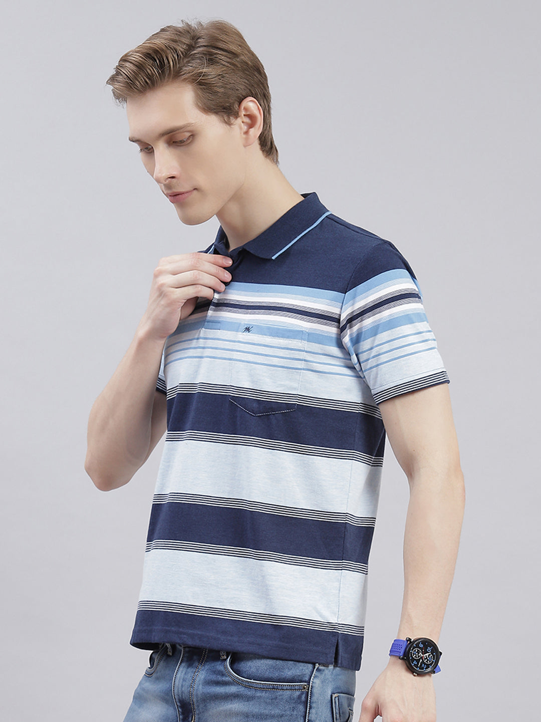 Men Navy Blue Stripe Collar Half Sleeve T-Shirts