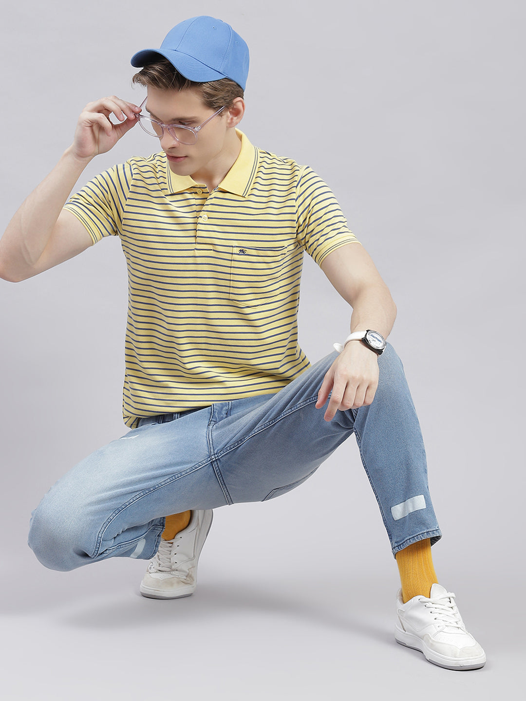Men Yellow Stripe Collar Half Sleeve T-Shirts