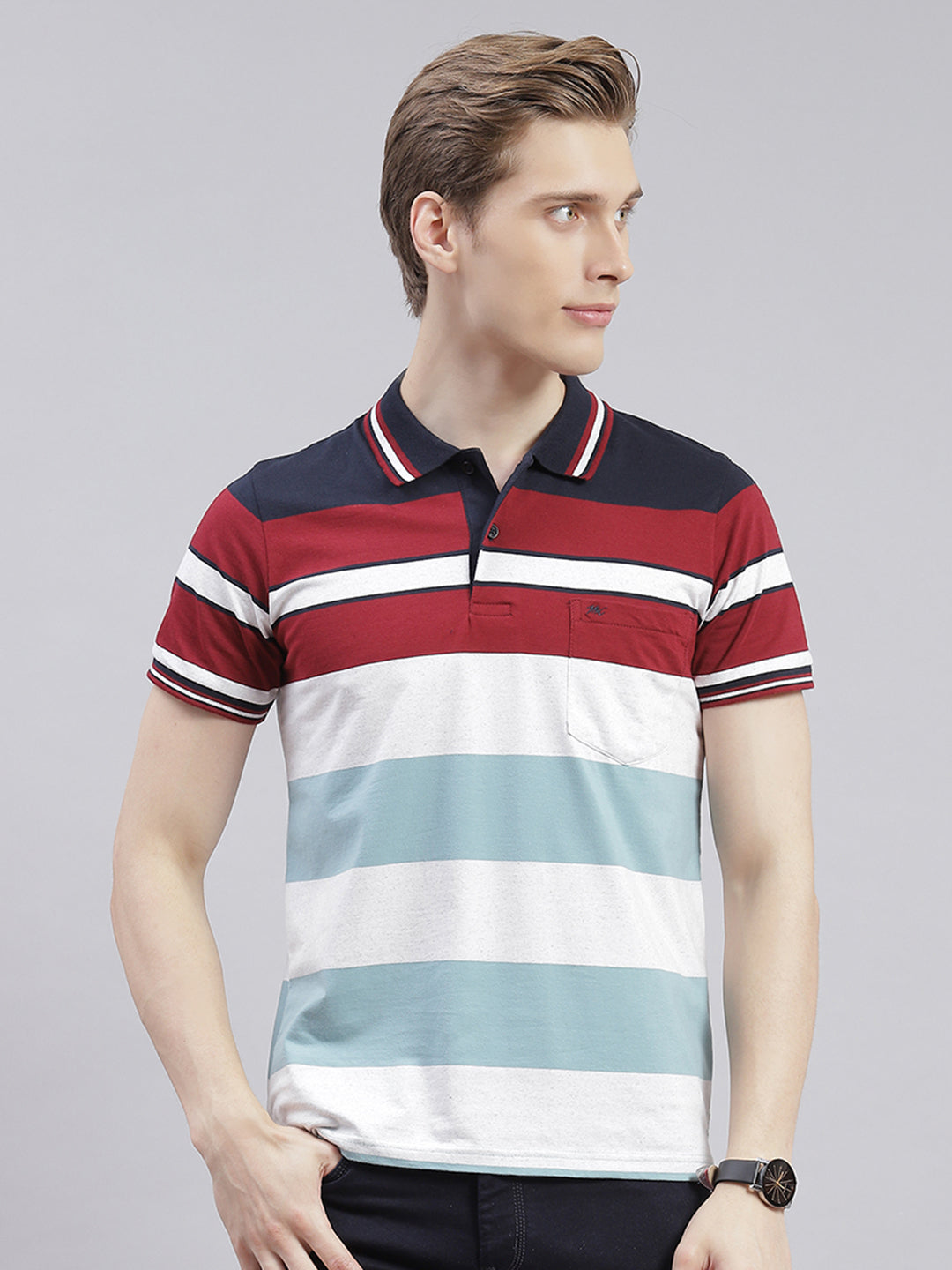 Men Maroon Stripe Collar Half Sleeve T-Shirts