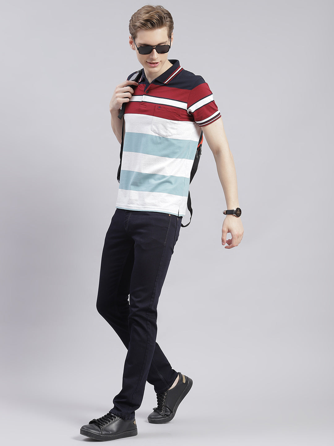 Men Maroon Stripe Collar Half Sleeve T-Shirts