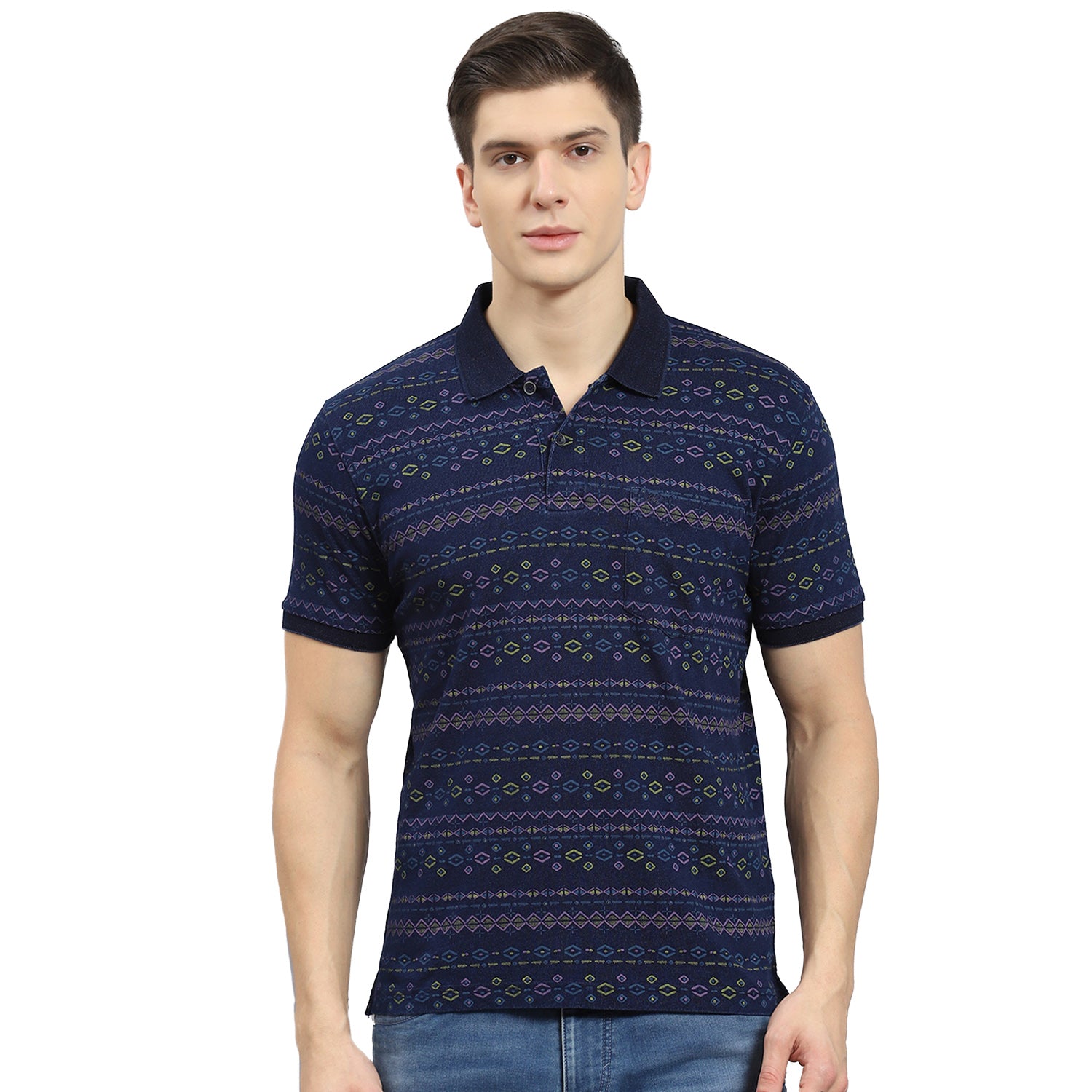 Men Blue Printed Polo Collar Half Sleeve T-Shirt