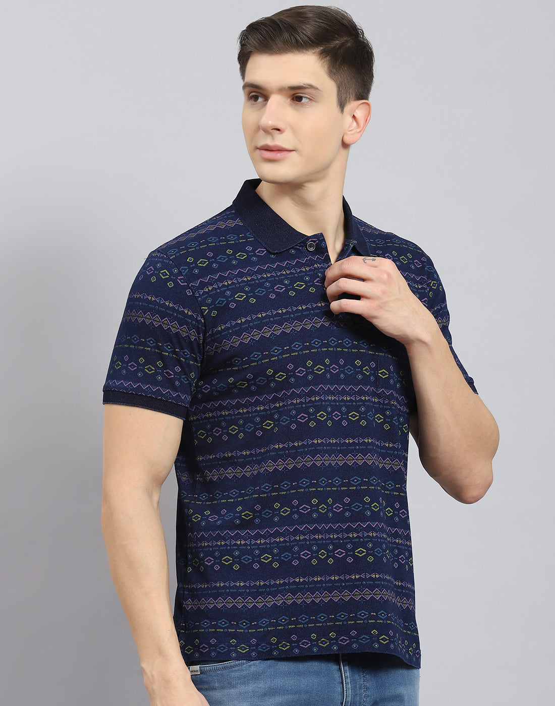 Men Blue Printed Polo Collar Half Sleeve T-Shirt