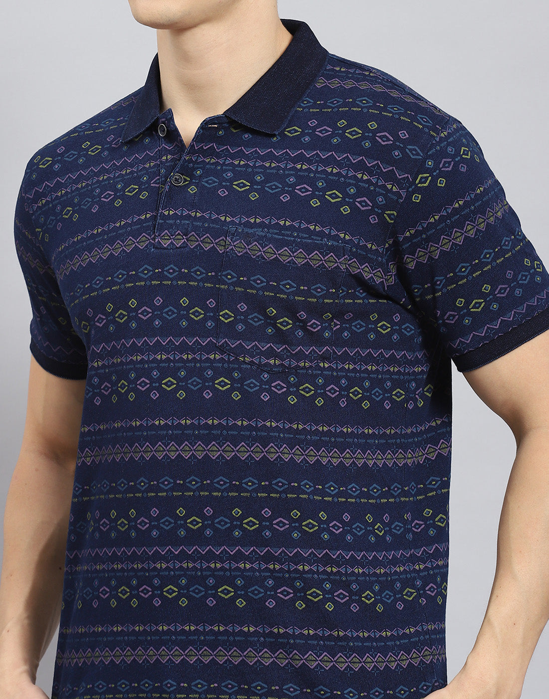 Men Blue Printed Polo Collar Half Sleeve T-Shirt
