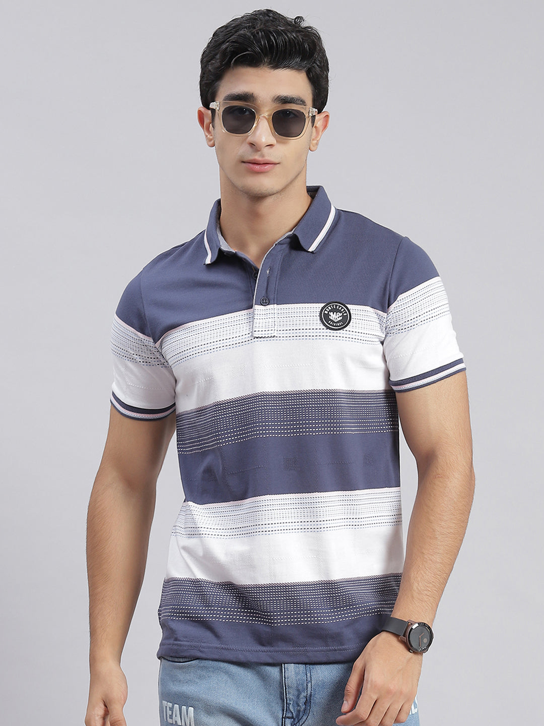Men Blue Stripe Collar Half Sleeve T-Shirts