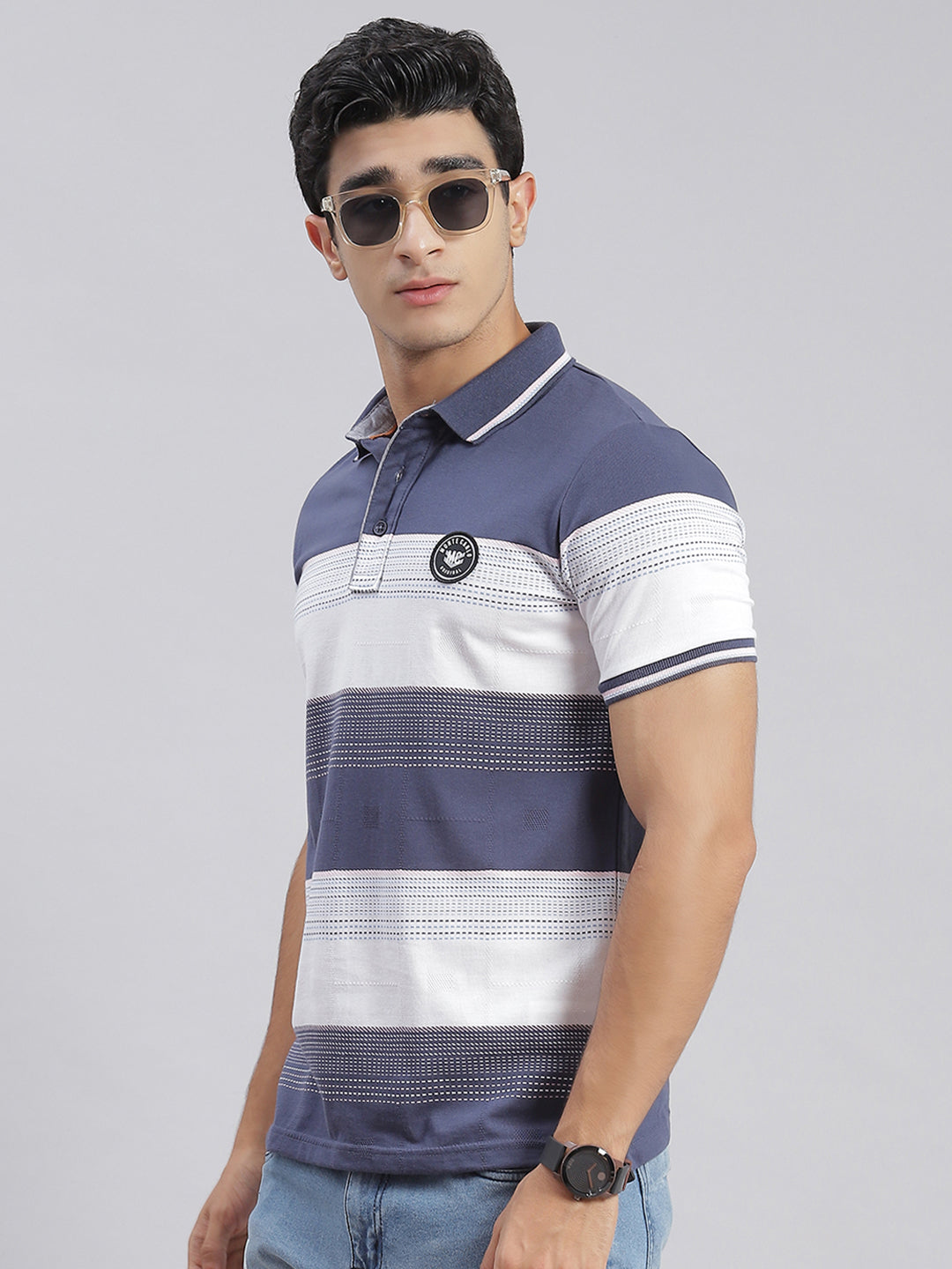 Men Blue Stripe Collar Half Sleeve T-Shirts