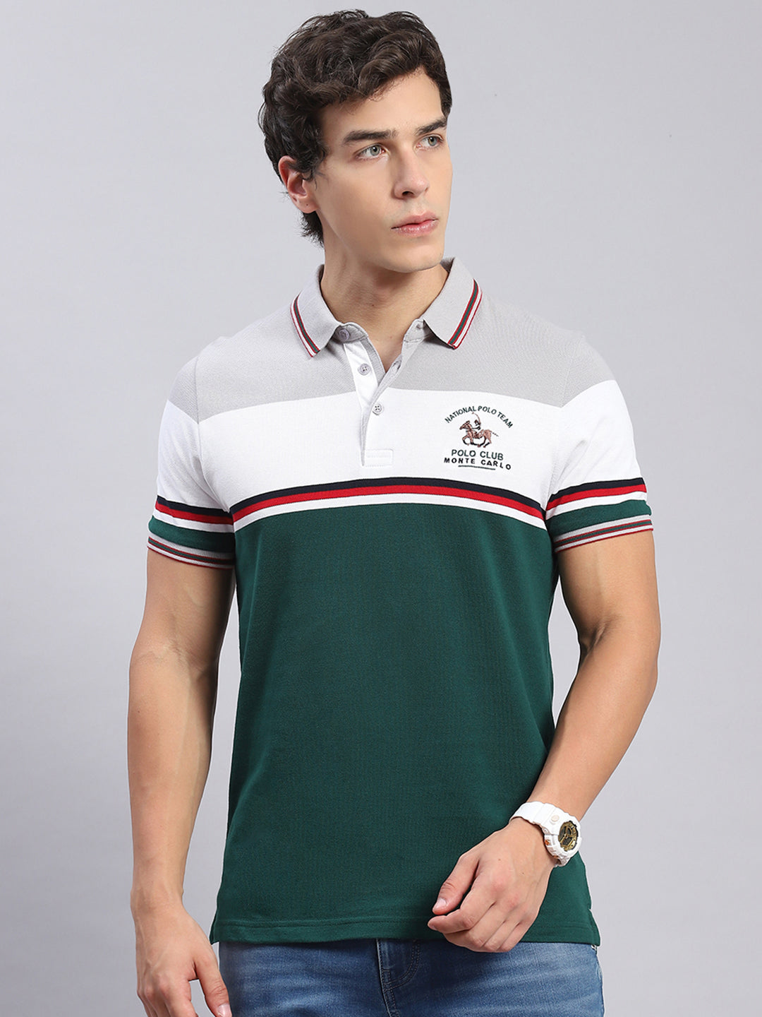 Men Green Stripe Collar Half Sleeve T-Shirts