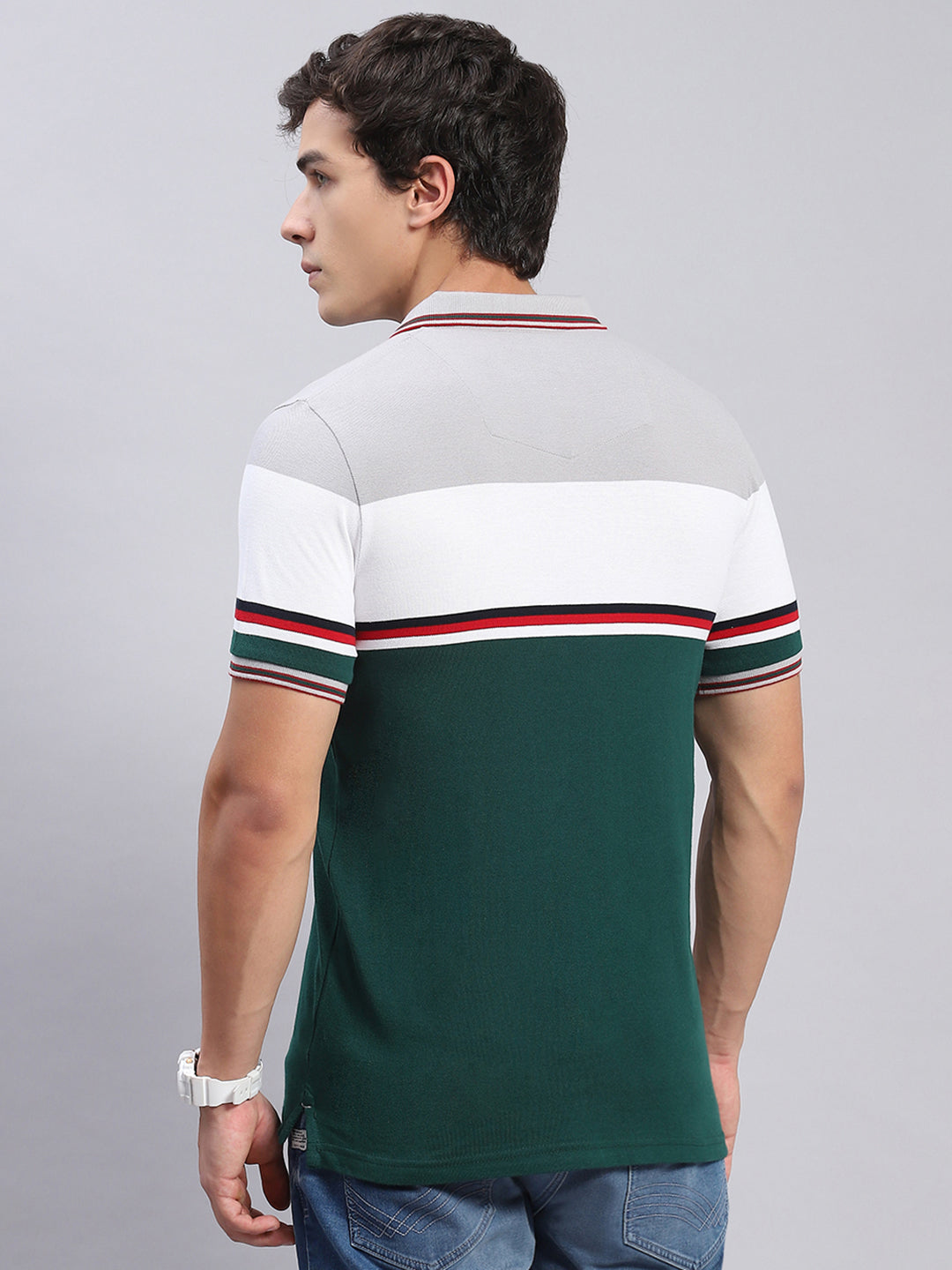 Men Green Stripe Collar Half Sleeve T-Shirts