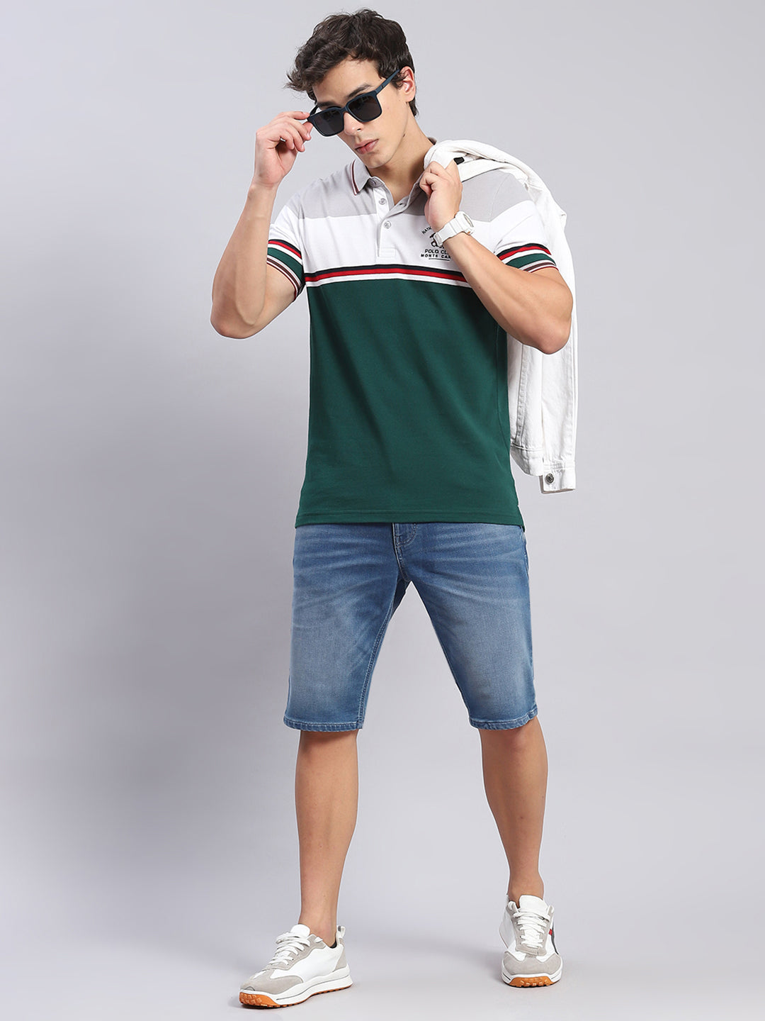 Men Green Stripe Collar Half Sleeve T-Shirts