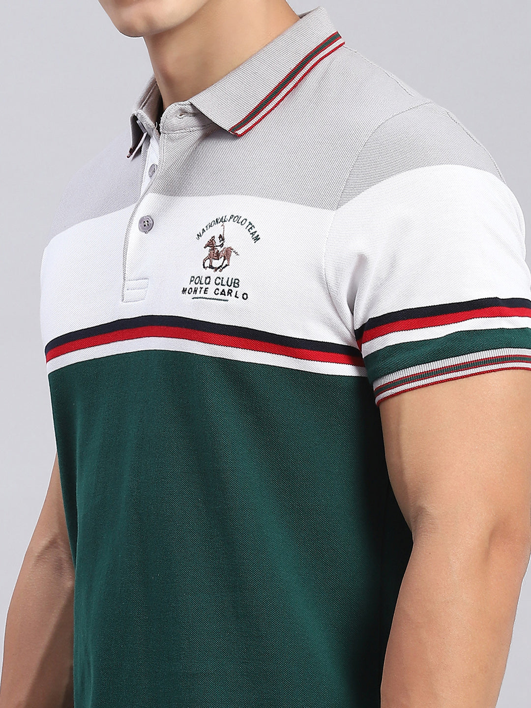 Men Green Stripe Collar Half Sleeve T-Shirts