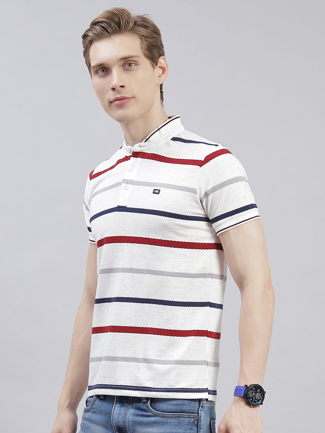 Men White Stripe Stand Collar Half Sleeve T-Shirts