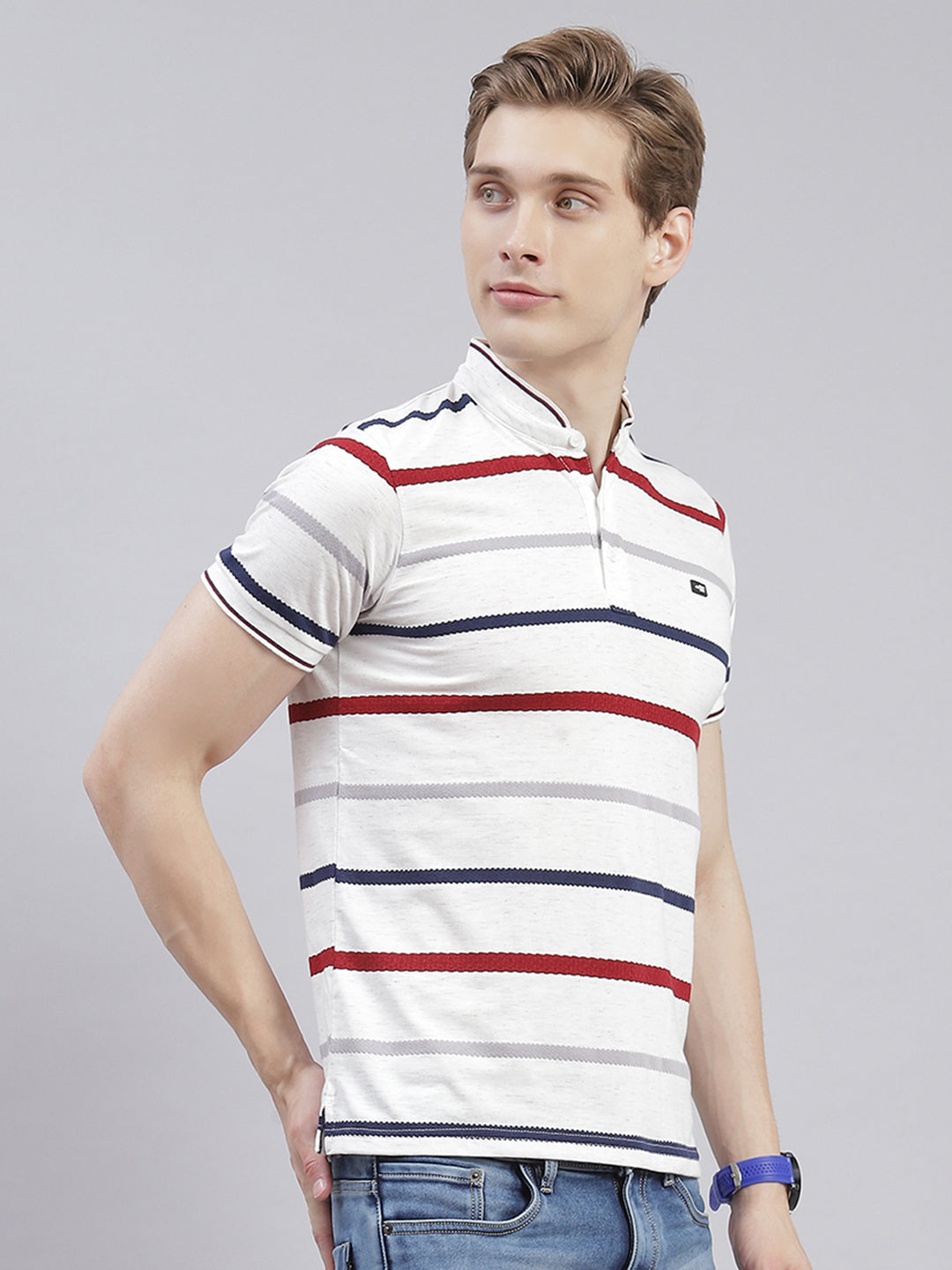 Men White Stripe Stand Collar Half Sleeve T-Shirts