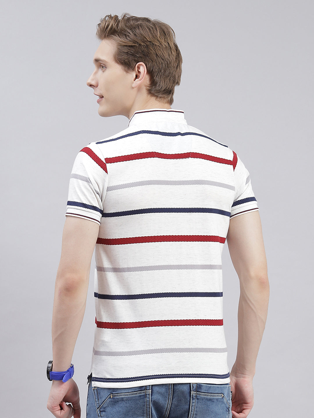 Men White Stripe Stand Collar Half Sleeve T-Shirts
