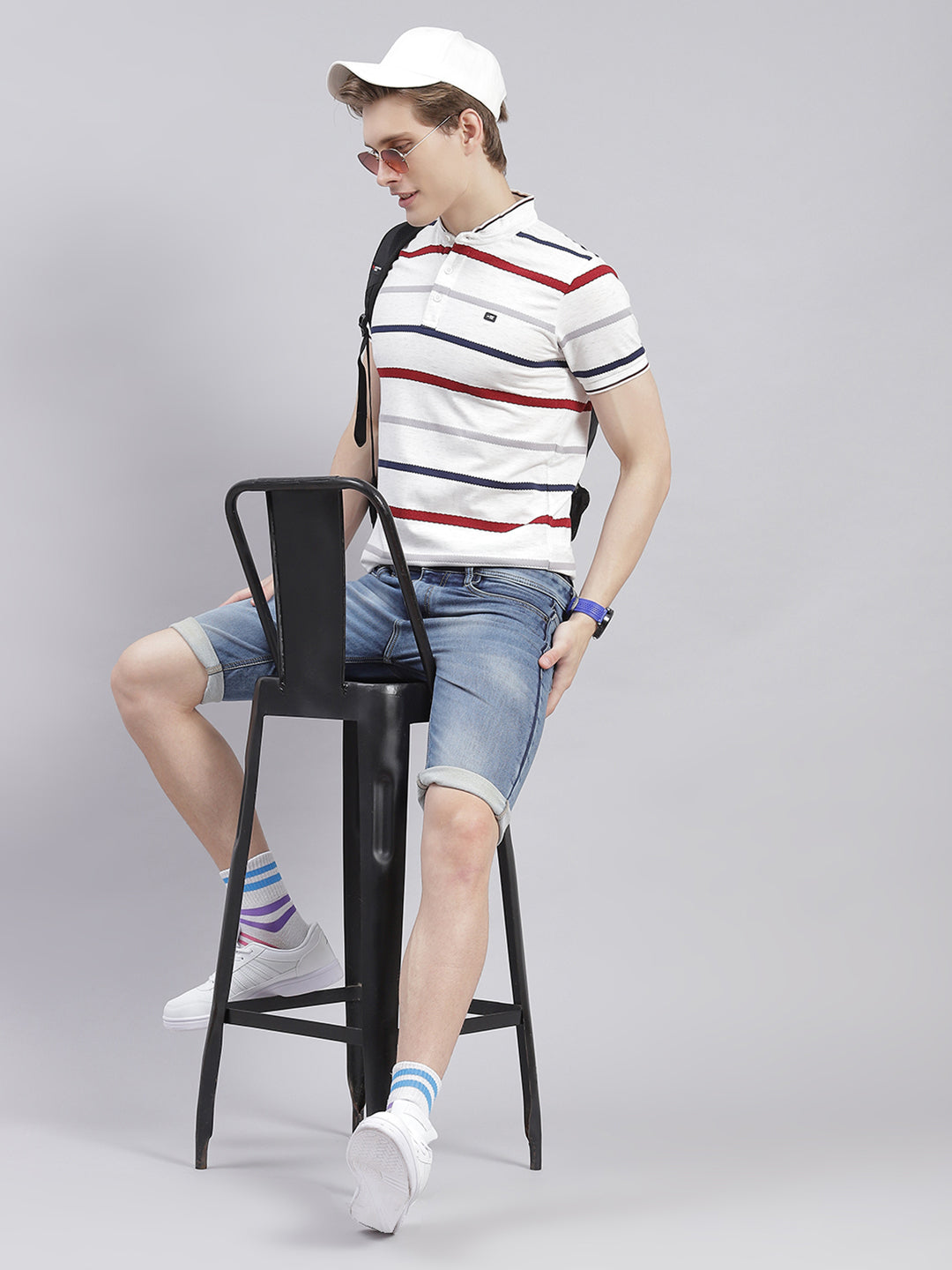 Men White Stripe Stand Collar Half Sleeve T-Shirts