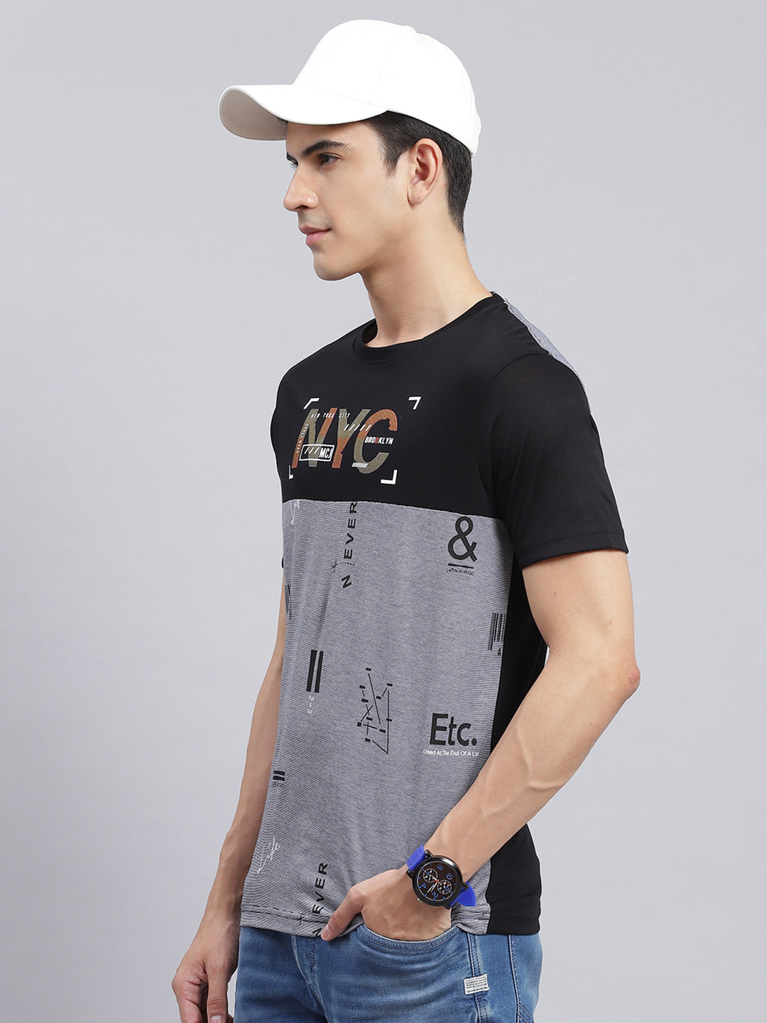 Men Black Printed Cotton Blend T-Shirt