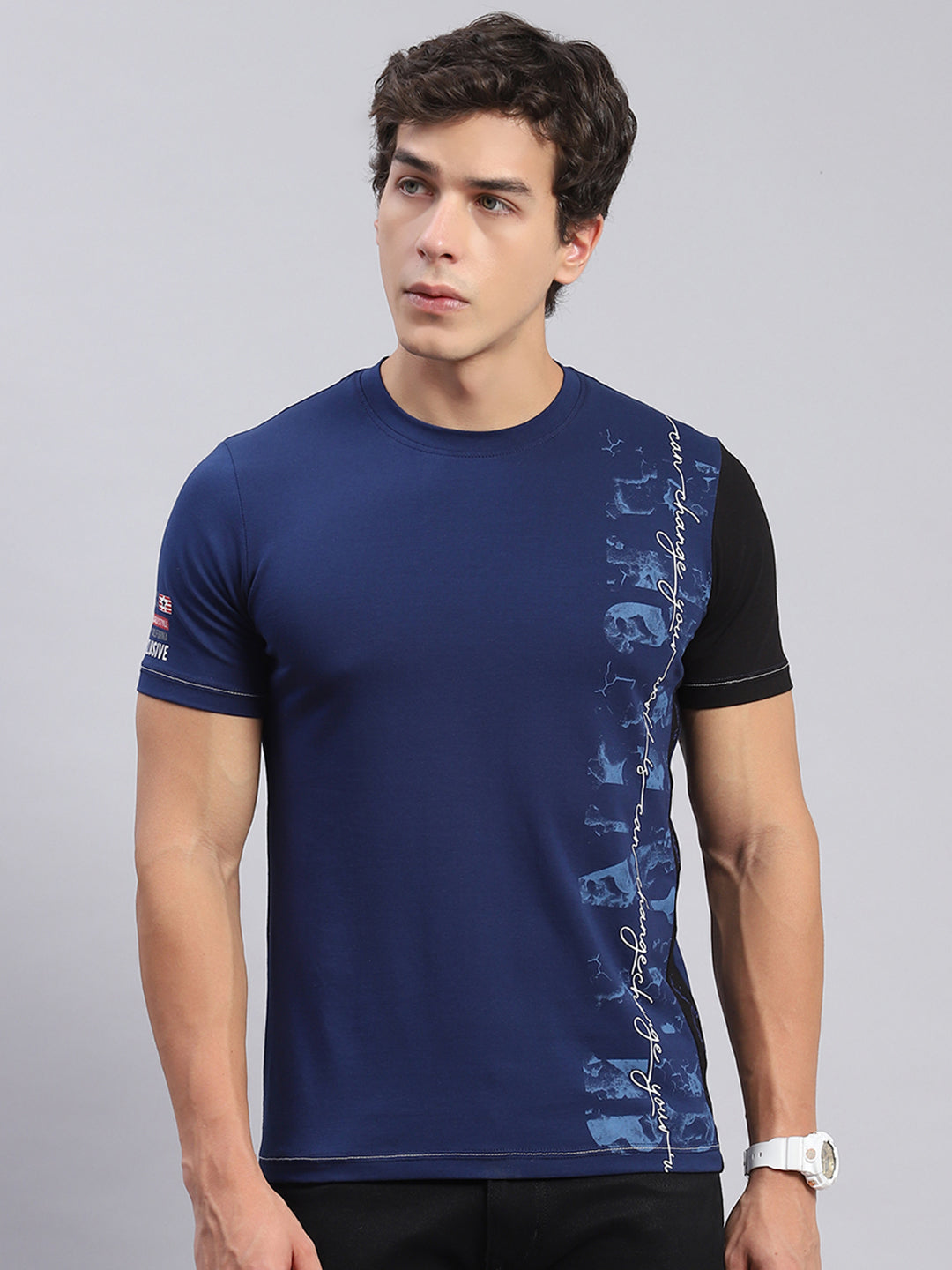Men Blue Printed Round Neck Half Sleeve T-Shirts
