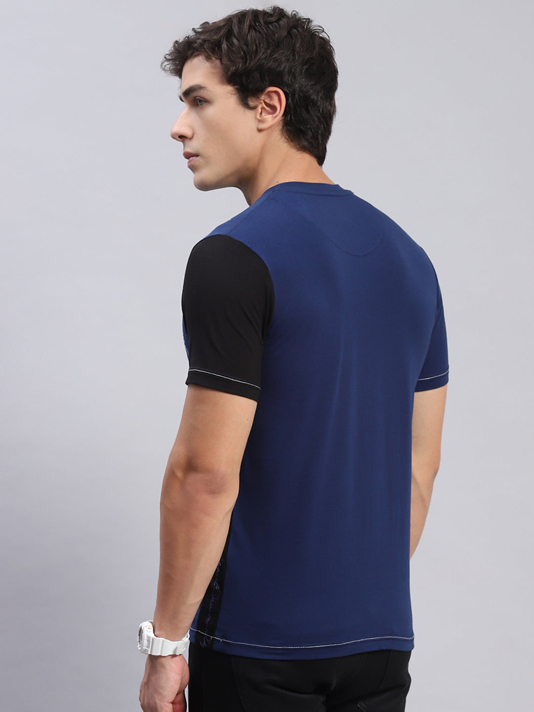 Men Blue Printed Round Neck Half Sleeve T-Shirts
