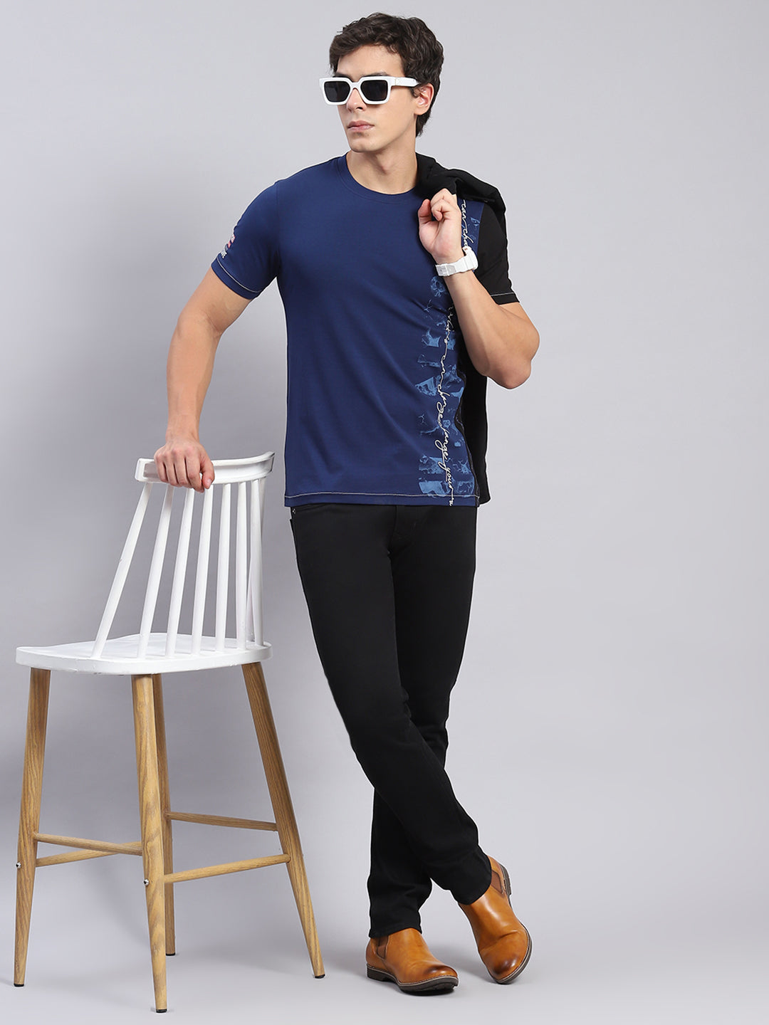 Men Blue Printed Round Neck Half Sleeve T-Shirts