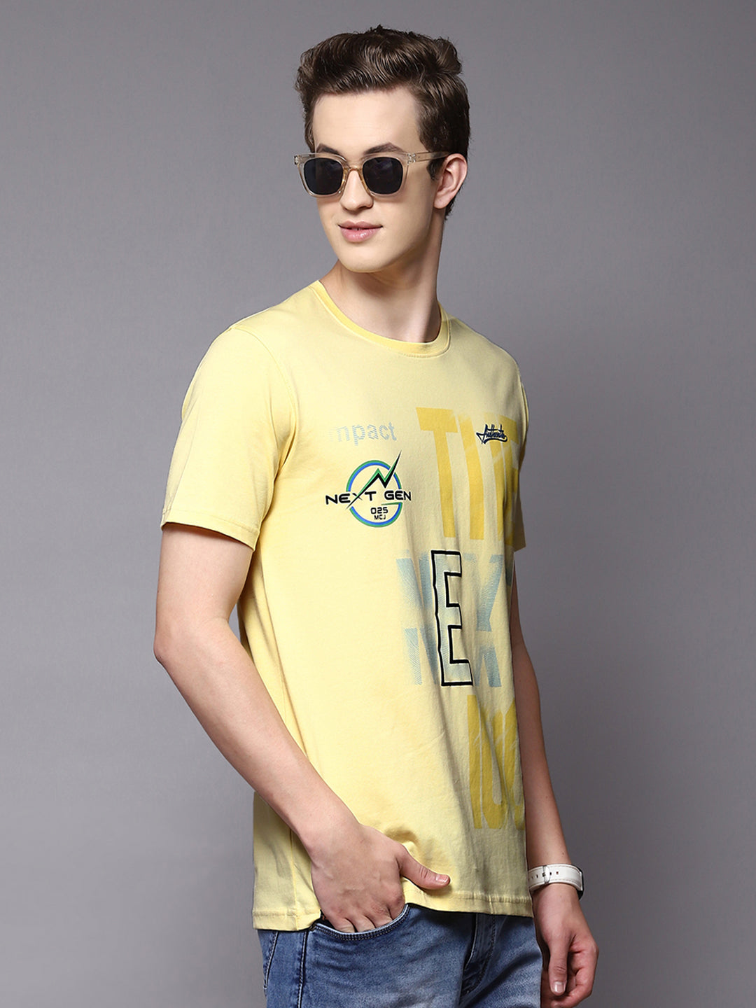 Men Yellow Printed Round Neck Half Sleeve T-Shirts