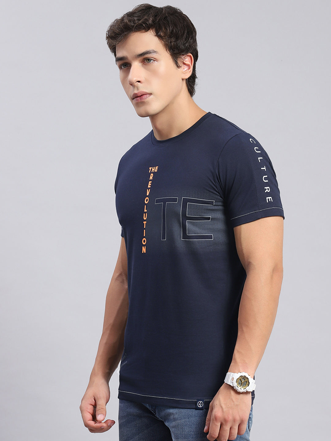 Men Navy Blue Printed Round Neck Half Sleeve T-Shirts