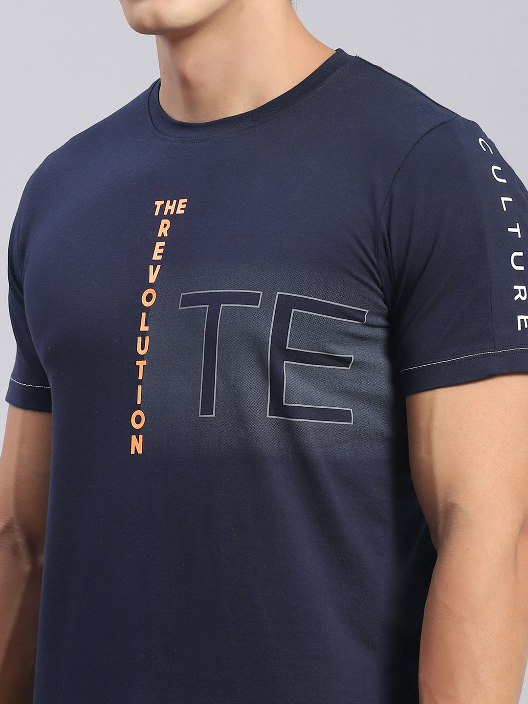 Men Navy Blue Printed Round Neck Half Sleeve T-Shirts