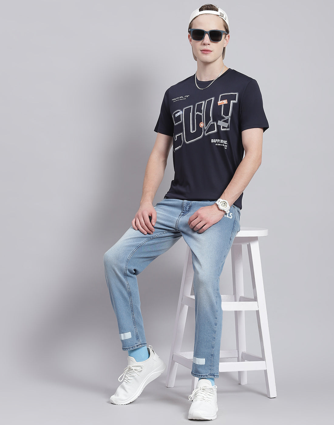 Men Navy Blue Printed Round Neck Half Sleeve T-Shirt