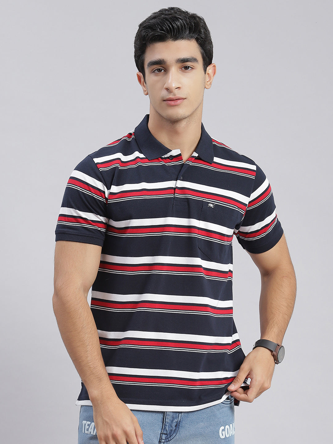 Men Blue Stripe Collar Half Sleeve T-Shirts