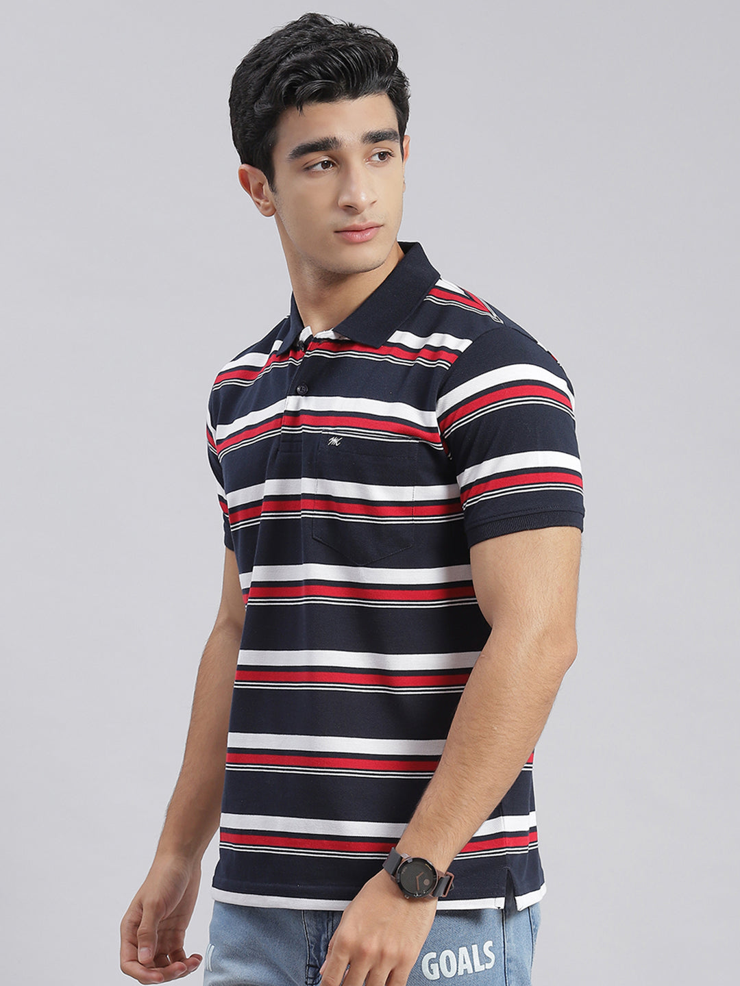 Men Blue Stripe Collar Half Sleeve T-Shirts