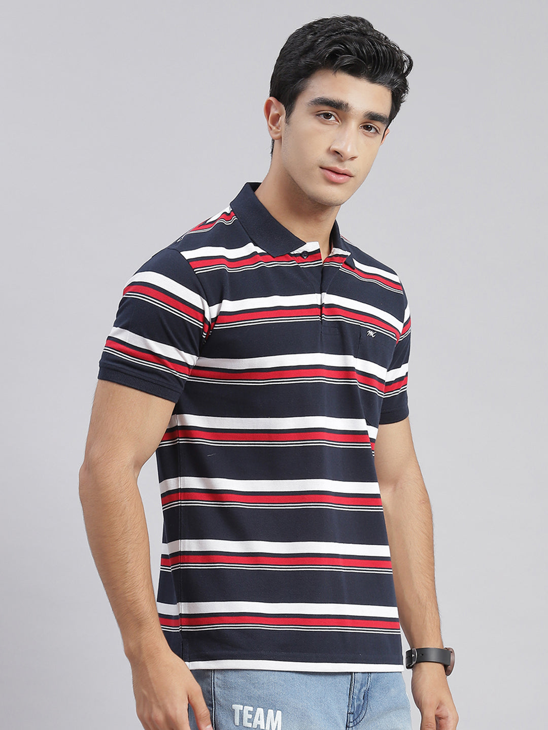 Men Blue Stripe Collar Half Sleeve T-Shirts