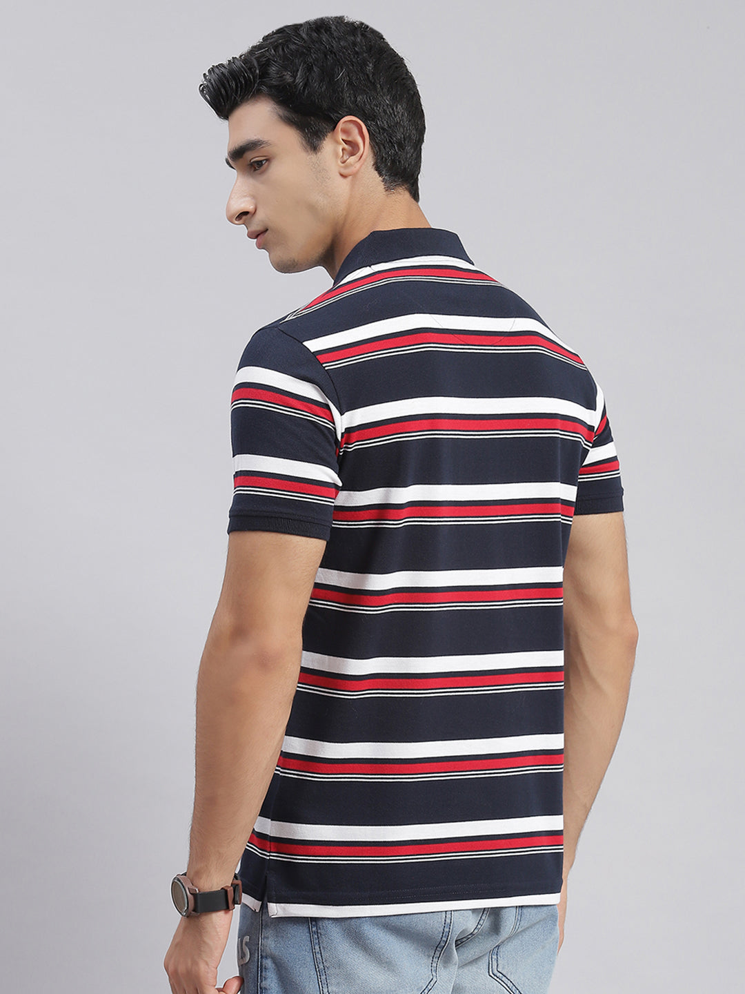 Men Blue Stripe Collar Half Sleeve T-Shirts