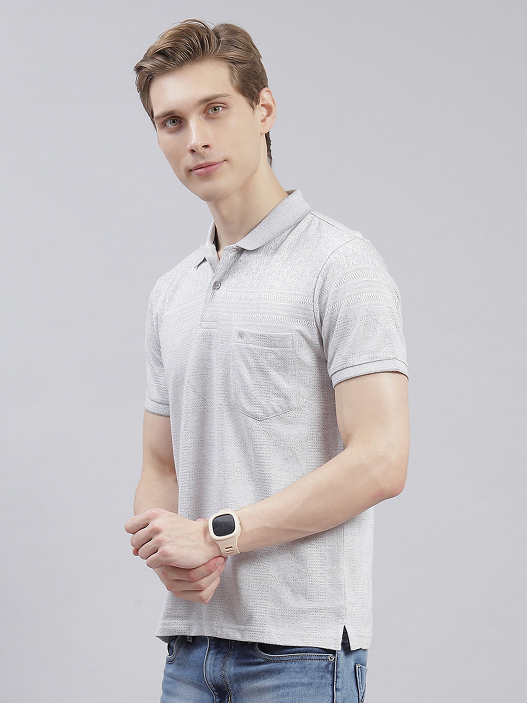 Men Grey Solid Collar Half Sleeve T-Shirts