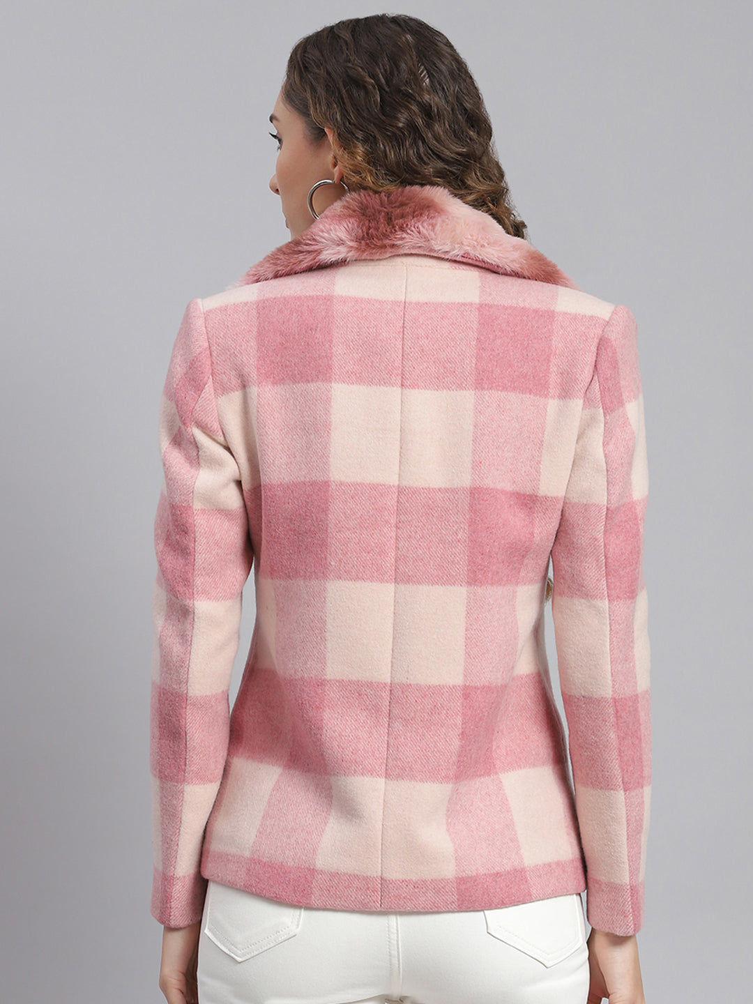 Women Pink Check Collar Full Sleeve Coats