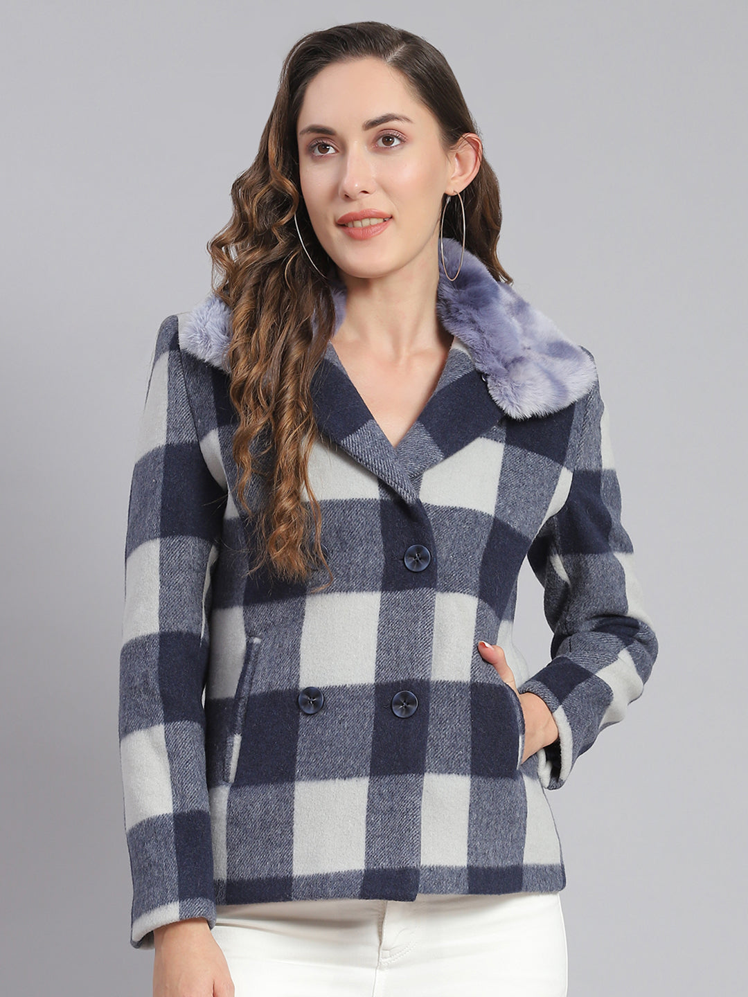 Women Blue Check Collar Full Sleeve Coats