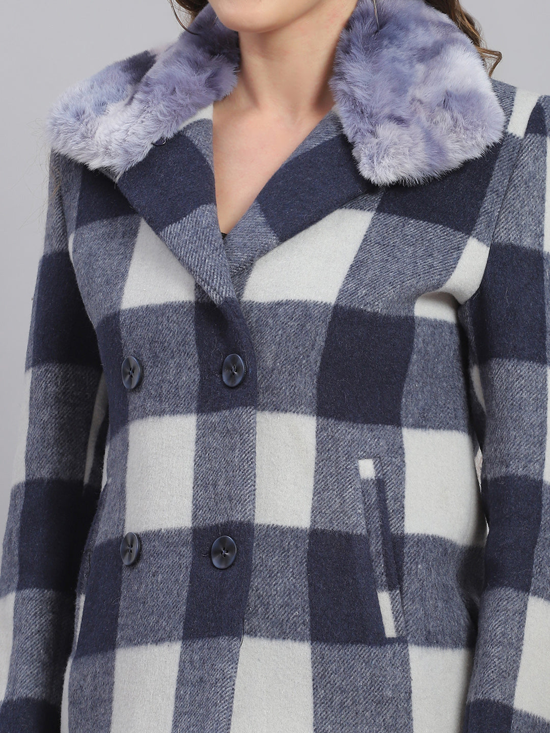 Women Blue Check Collar Full Sleeve Coats